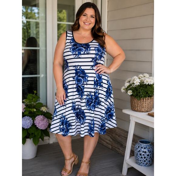 Robbie Bee Dresses & Skirts - Robbie Bee Signature Dress 2X Blue White Floral Stripe Sleeveless XXL